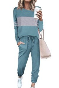 PRETTYGARDEN Women's Color Block 2 Piece Tracksuit Crewneck Long Sleeve Tops Long Sweatpants Outfits Lounge Sets(Blue,Medium)