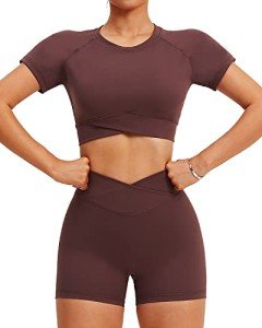 TZLDN Workout Sets for Women 2 Piece Gym Clothes Short Sleeve Crop Top Cross Waist Scrunch Shorts Outfits Yoga Activewear #2Workout Set - Coffe, Medium