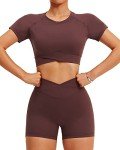 TZLDN Workout Sets for Women 2 Piece Gym Clothes Short Sleeve Crop Top Cross Waist Scrunch Shorts Outfits Yoga Activewear #2Workout Set - Coffe, Medium
