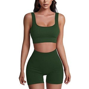 Workout Sets for Women 2 Piece Ribbed Seamless Yoga Outfits Crop Tank High Waist Exercise Shorts Sports Bra Tracksuits