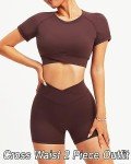 TZLDN Workout Sets for Women 2 Piece Gym Clothes Short Sleeve Crop Top Cross Waist Scrunch Shorts Outfits Yoga Activewear #2Workout Set - Coffe, Medium