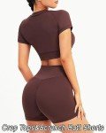 TZLDN Workout Sets for Women 2 Piece Gym Clothes Short Sleeve Crop Top Cross Waist Scrunch Shorts Outfits Yoga Activewear #2Workout Set - Coffe, Medium
