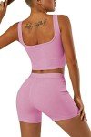 Women's 2 Piece Casual Workout Outfits Ribbed Knitted Yoga Tank Top High Waist Leggings Tracksuit Active Wear Sets, Bra and Shorts:pink, Medium