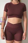 TZLDN Workout Sets for Women 2 Piece Gym Clothes Short Sleeve Crop Top Cross Waist Scrunch Shorts Outfits Yoga Activewear #2Workout Set - Coffe, Medium