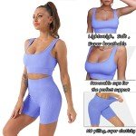 Seamless Ribbed Yoga Gym Workout Sets for Women 2 Piece, Cute Summer Crop Top and High Waist Leggings Matching Workout Set, Two Piece Workout Shorts Outfits with Removable Pad Bra (L, Purple Blue)
