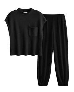 PRETTYGARDEN Womens Two Piece Outfits Sweater Sets Knit Pullover Tops And High Waisted Pants Matching Tracksuit Sweatsuit Set (Black,X-Large)