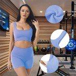 Seamless Ribbed Yoga Gym Workout Sets for Women 2 Piece, Cute Summer Crop Top and High Waist Leggings Matching Workout Set, Two Piece Workout Shorts Outfits with Removable Pad Bra (L, Purple Blue)