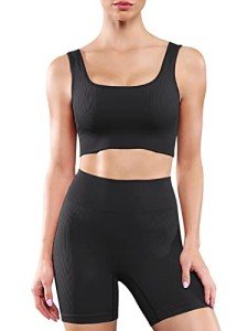 Workout Sets for Women Seamless 2 Piece Ribbed Biker Shorts Set with Sports Bra Gym Outfits(Y8SP Set - M Black 1)