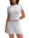 UNDER CLOUD Two Piece Outfits for Women Matching Set Tracksuit Casual Workout Clothes Cotton Ribbed T-shirt Boxer Shorts, 01- Grey, Medium