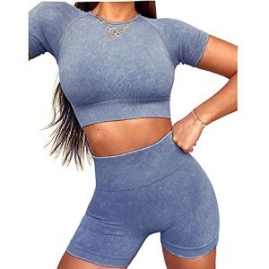 Jetjoy Workout Set for Women 2 Piece Seamless Ribbed Yoga Sports Shorts Gym Set Acid Wash Exercise Outfits Tracksuits