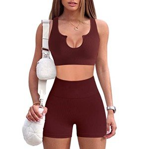 JN JANPRINT Workout Sets for Women 2 Piece Ribbed Seamless Yoga Outfits Crop Tank High Waist Exercise Shorts Sports Bra Tracksuits Coffee, Small