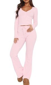 Dressmine Womens Pajama Set Long Sleeve Sexy V Neck Pj Set Y2K 2 Piece Lounge Set Workout Set Tracksuit for Yoga Gym Pink Medium