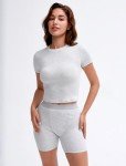 UNDER CLOUD Two Piece Outfits for Women Matching Set Tracksuit Casual Workout Clothes Cotton Ribbed T-shirt Boxer Shorts, 01- Grey, Medium