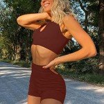JN JANPRINT Workout Sets for Women 2 Piece Ribbed Seamless Yoga Outfits Crop Tank High Waist Exercise Shorts Sports Bra Tracksuits Coffee, Small