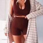 JN JANPRINT Workout Sets for Women 2 Piece Ribbed Seamless Yoga Outfits Crop Tank High Waist Exercise Shorts Sports Bra Tracksuits Coffee, Small