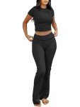ANRABESS 2 Piece Sets for Women Lounge Loungewear Sets Foldover Yoga Flare Leggings Pants and Cropped Tops Casual Y2K Outfits, Black, X-Small