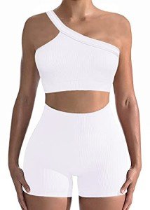 Workout Sets for Women 2 Piece Seamless Sexy One Shoulder Sport Bra High Waist Shorts GMY Yoga Two Piece Outfits, White, Medium