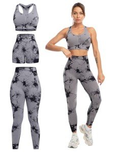 SALSPOR 3 Piece Workout Sets for Women Butt Lifting Leggings with High Impact Sports Bra Gym Shorts, Tie Dye Black, Large