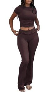 YETOWA Women's 2 Piece Lounge Outfits Slim Short Sleeve Tops Low Rise Flare Leggings Sets Yoga Sweatsuit, Coffee Short-sleeved Set, Medium