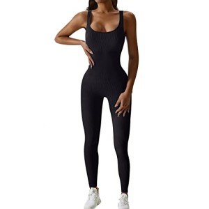 Yoga Jumpsuit for Women Workout Gym Seamless Ribbed One Piece Square Neck Tummy Control Padded Sport Bra Jumpsuits(Ivory Black,L)