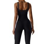 Yoga Jumpsuit for Women Workout Gym Seamless Ribbed One Piece Square Neck Tummy Control Padded Sport Bra Jumpsuits(Ivory Black,L)