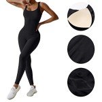 Yoga Jumpsuit for Women Workout Gym Seamless Ribbed One Piece Square Neck Tummy Control Padded Sport Bra Jumpsuits(Ivory Black,L)
