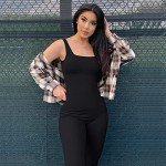 Yoga Jumpsuit for Women Workout Gym Seamless Ribbed One Piece Square Neck Tummy Control Padded Sport Bra Jumpsuits(Ivory Black,L)