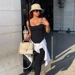 Yoga Jumpsuit for Women Workout Gym Seamless Ribbed One Piece Square Neck Tummy Control Padded Sport Bra Jumpsuits(Ivory Black,L)