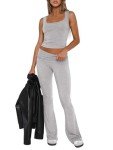 M_Eshop 2 Piece Set Women Outfit Lounge Sets Skims Square Neck Tank Crop Top and Flare Leggings Fold Over Yoga Pants Y2K Pjs (CA/US, Alpha, Small, Regular, Regular, Light Grey)