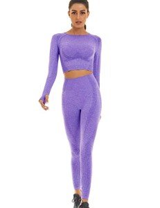 Toplook Women Seamless Workout Outfits Athletic Set Leggings + Long Sleeve Top 2 Pieces, Purple, Small