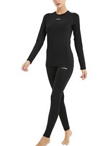 COOLOMG Women's Thermal Yoga Clothing Winter Baselayer Tops+Leggings Set Black
