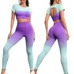 Workout Outfits for Women 2 Piece Gym Yoga Sets Seamless Ombre Short Sleeve Crop Top High Waist ribbed Leggings