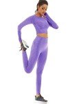Toplook Women Seamless Workout Outfits Athletic Set Leggings + Long Sleeve Top 2 Pieces, Purple, Small