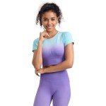 Workout Outfits for Women 2 Piece Gym Yoga Sets Seamless Ombre Short Sleeve Crop Top High Waist ribbed Leggings