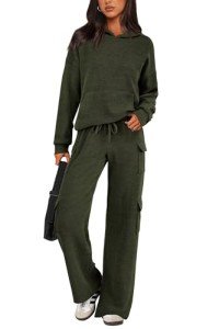 PRETTYGARDEN Women's 2 Piece Lounge Sets 2024 Fall Knitted Hoodie Pullover Tops Cargo Pants Matching Outfits Tracksuits (Army Green,Small)