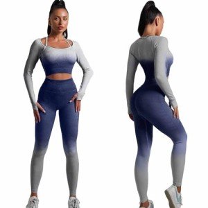 CORPOAMOR Women's Fitness Gym Outfit Yoga Crop Top & High Waisted Leggings Ombre 2 Pc Set, Navy / Grey, Small