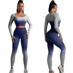 CORPOAMOR Women's Fitness Gym Outfit Yoga Crop Top & High Waisted Leggings Ombre 2 Pc Set, Navy / Grey, Small