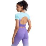 Workout Outfits for Women 2 Piece Gym Yoga Sets Seamless Ombre Short Sleeve Crop Top High Waist ribbed Leggings
