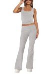 M_Eshop 2 Piece Set Women Outfit Lounge Sets Skims Square Neck Tank Crop Top and Flare Leggings Fold Over Yoga Pants Y2K Pjs (CA/US, Alpha, Small, Regular, Regular, Light Grey)