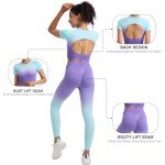 Workout Outfits for Women 2 Piece Gym Yoga Sets Seamless Ombre Short Sleeve Crop Top High Waist ribbed Leggings