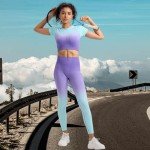 Workout Outfits for Women 2 Piece Gym Yoga Sets Seamless Ombre Short Sleeve Crop Top High Waist ribbed Leggings