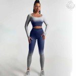 CORPOAMOR Women's Fitness Gym Outfit Yoga Crop Top & High Waisted Leggings Ombre 2 Pc Set, Navy / Grey, Small