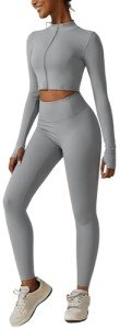 3 Piece Workout Sets for Women with Strappy Sports Bras High Waist Leggings Crop Top Jacket Gym Yoga Outfit, Light Gray, Small
