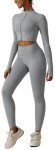 3 Piece Workout Sets for Women with Strappy Sports Bras High Waist Leggings Crop Top Jacket Gym Yoga Outfit, Light Gray, Small