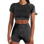 Workout Sets for Women 2 Piece Yoga Outfits Seamless Short Sleeve Crop Top+High Waist Shorts Gym Clothes Activewear