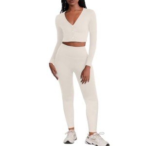Workout Sets for Women 2 Pieces Outfits Long Sleeve Tops High Waist Yoga Leggings Sets, Beige, Large