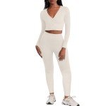 Workout Sets for Women 2 Pieces Outfits Long Sleeve Tops High Waist Yoga Leggings Sets, Beige, Large