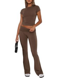 GRMLRPT Women's 2 Piece Lounge Sets Fold-Over Flare Leggings Pants Matching Slim Fit Short Sleeve Cropped Top Y2k Pajama Outfits,S-Coffe,L