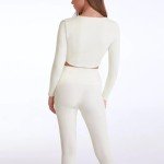 Workout Sets for Women 2 Pieces Outfits Long Sleeve Tops High Waist Yoga Leggings Sets, Beige, Large