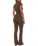 GRMLRPT Women's 2 Piece Lounge Sets Fold-Over Flare Leggings Pants Matching Slim Fit Short Sleeve Cropped Top Y2k Pajama Outfits,S-Coffe,L